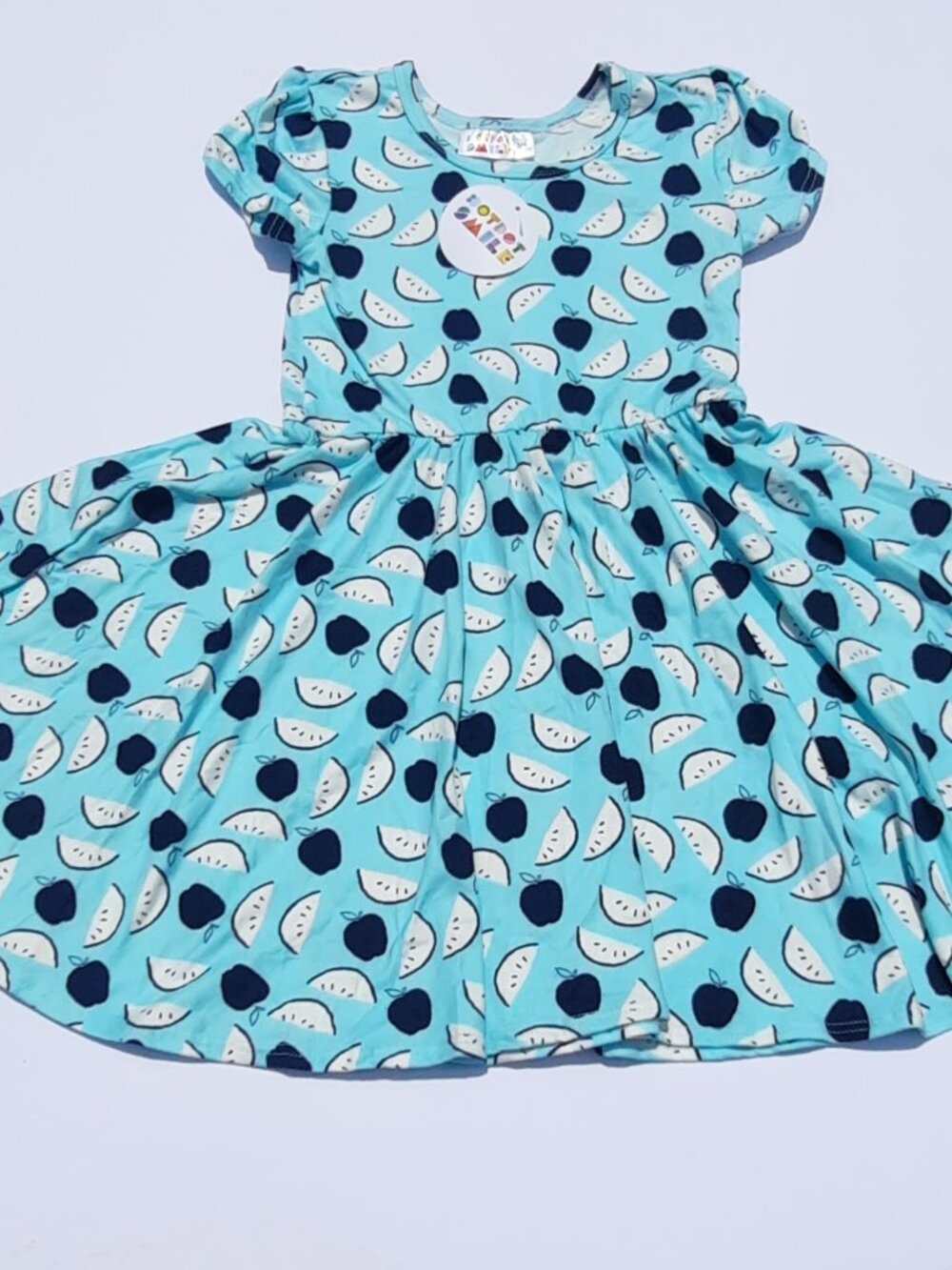 NWT Dot Dot Smile Girls Fruit Twirl Dress Size 3-4 Blue Apples Soft Cap Sleeve